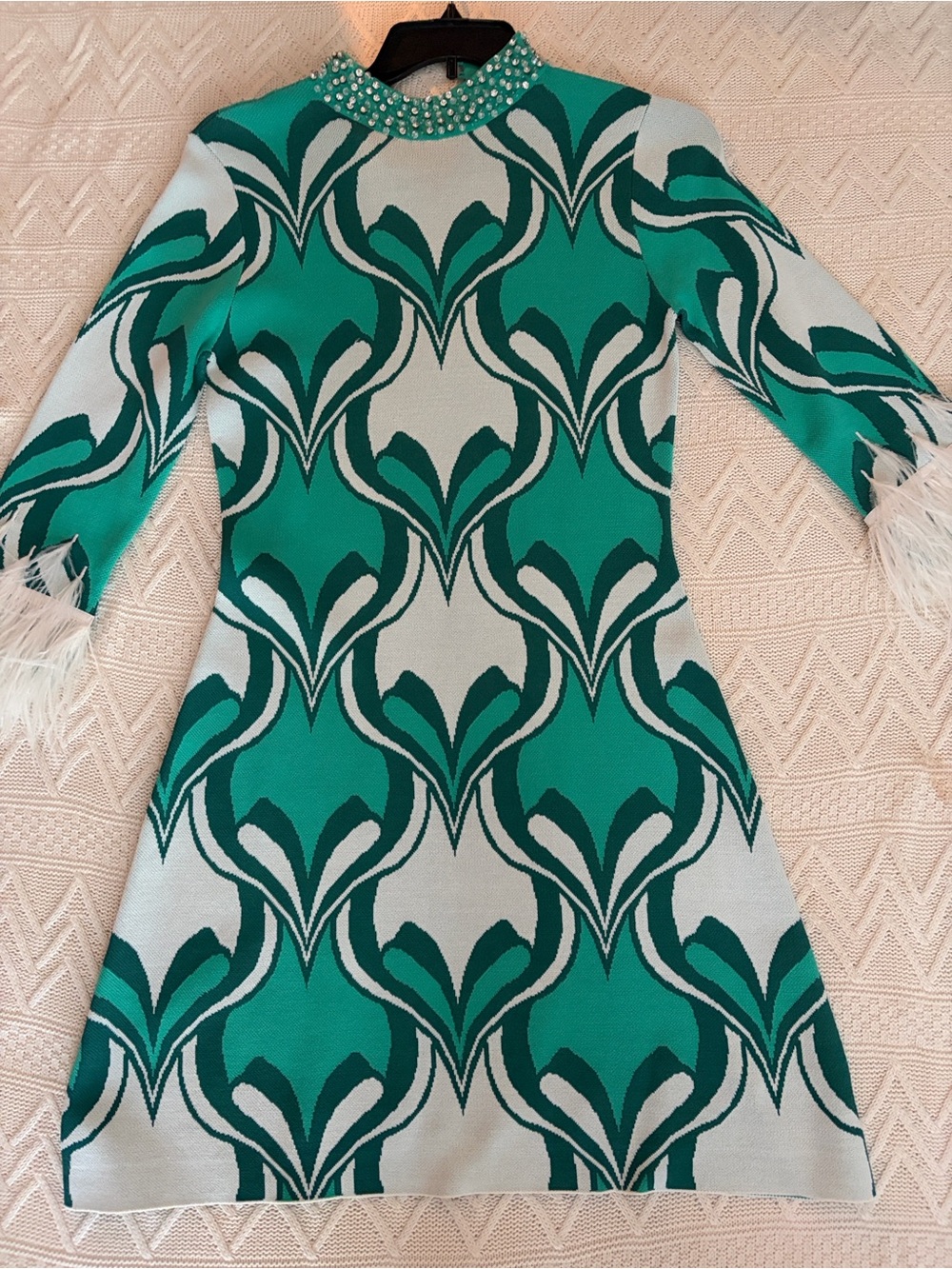 Karen Millen Teal & Dark Green Patterned Long-Sleeve Dress with Jewel Collar